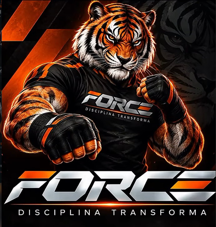 Tigre FORCE com luvas de luta e uniforme preto, em uma composição laranja e metálica
